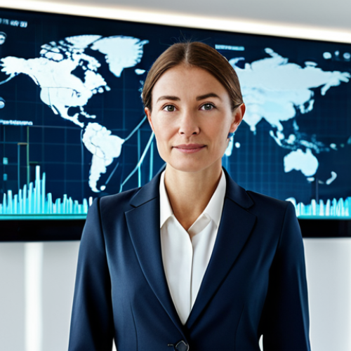 A confident professional female leader, fully clothed in a modest business suit and appropriate attire, standing in a modern, light-filled corporate office. Behind her, a large digital display shows abstract data visualizations and global connectivity, subtly representing strategic vision and foresight in an era of rapid change. The scene exudes a dynamic and forward-looking atmosphere. perfect anatomy, correct proportions, natural pose, well-formed hands, proper finger count, natural body proportions, professional photography, high quality, safe for work, appropriate content, family-friendly.