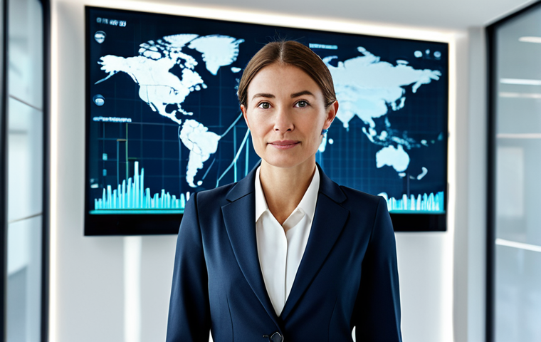 A confident professional female leader, fully clothed in a modest business suit and appropriate attire, standing in a modern, light-filled corporate office. Behind her, a large digital display shows abstract data visualizations and global connectivity, subtly representing strategic vision and foresight in an era of rapid change. The scene exudes a dynamic and forward-looking atmosphere. perfect anatomy, correct proportions, natural pose, well-formed hands, proper finger count, natural body proportions, professional photography, high quality, safe for work, appropriate content, family-friendly.
