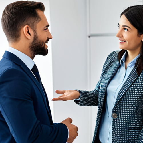 Building Trust & Open Communication**

A professional team meeting in a modern, bright office. A female manager in a modest business dress is actively listening to a male employee who is presenting. The atmosphere is collaborative and positive. fully clothed, appropriate attire, safe for work, perfect anatomy, natural proportions, professional photography, high quality, professional, family-friendly.

**