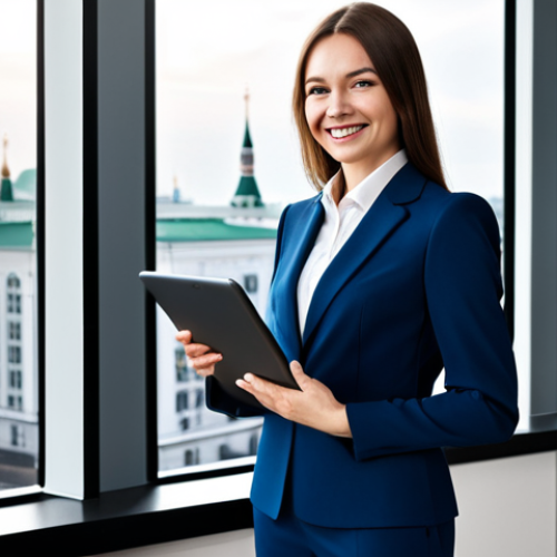 **

A confident businesswoman in a stylish, fully clothed power suit, standing in a modern Moscow office with floor-to-ceiling windows overlooking the cityscape, appropriate attire, safe for work, perfect anatomy, natural proportions, professional photography, high quality, family-friendly, well-formed hands, proper finger count. She is holding a планшет (tablet) and smiling slightly. The lighting is bright and professional.

**