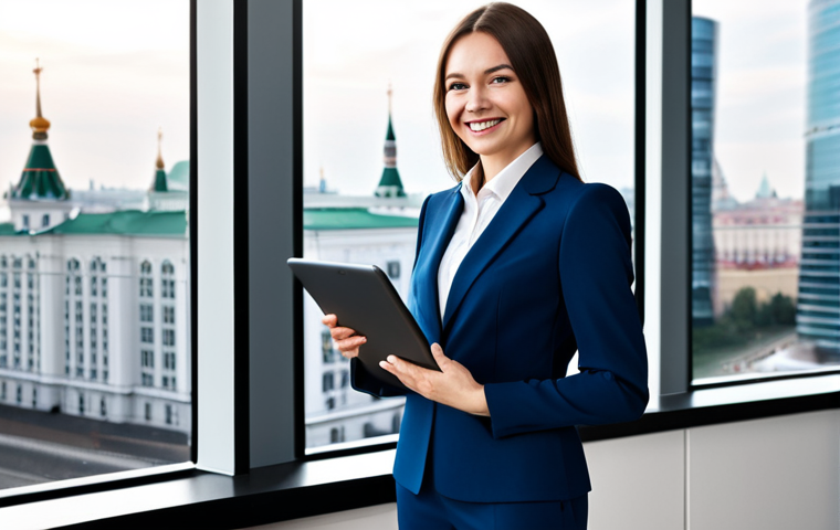 **
A confident businesswoman in a stylish, fully clothed power suit, standing in a modern Moscow office with floor-to-ceiling windows overlooking the cityscape, appropriate attire, safe for work, perfect anatomy, natural proportions, professional photography, high quality, family-friendly, well-formed hands, proper finger count. She is holding a планшет (tablet) and smiling slightly. The lighting is bright and professional.
**
