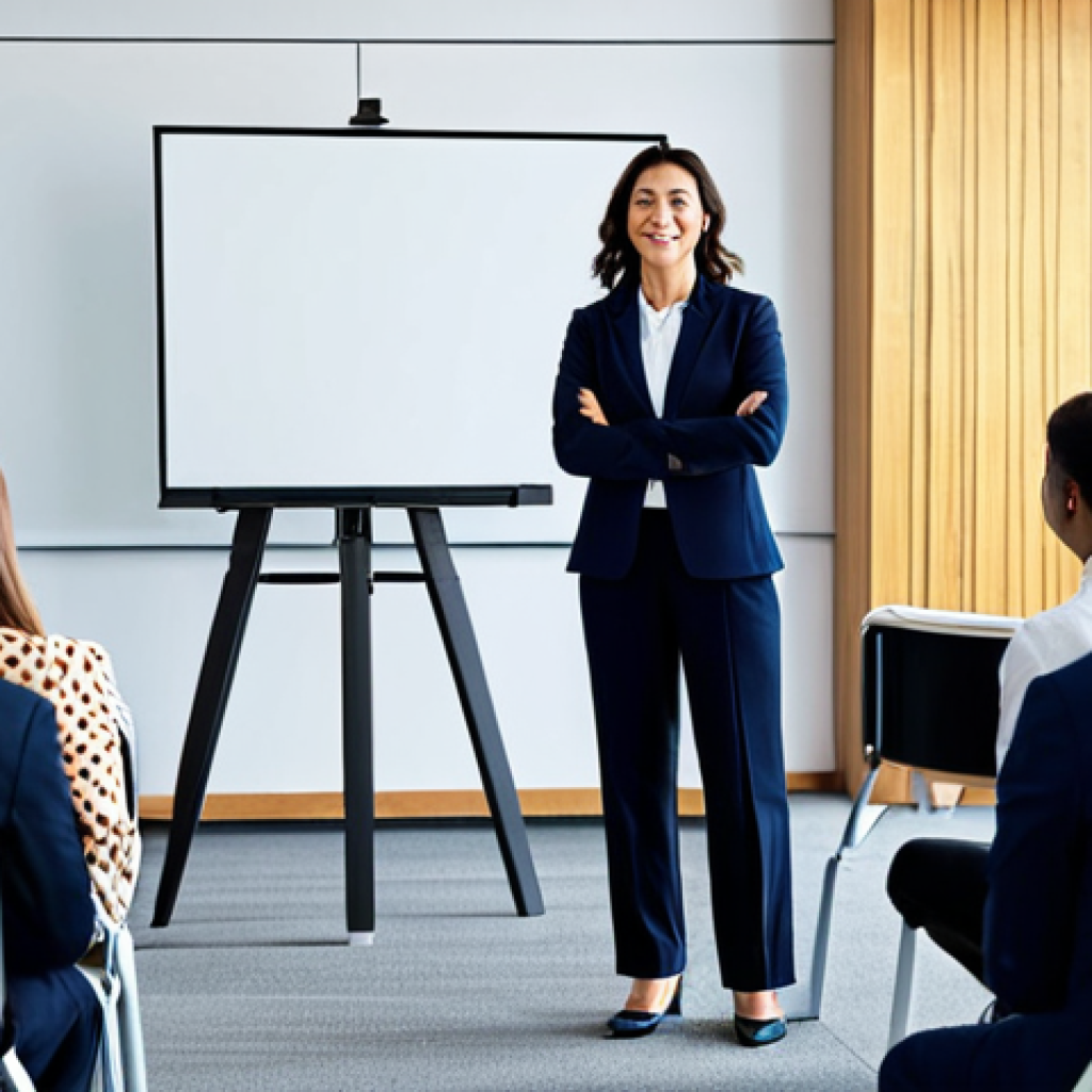 리더십 코치 실기 시험 합격 전략 - ** A professional business coach, fully clothed in a modest blazer and dress pants, leading a worksh...