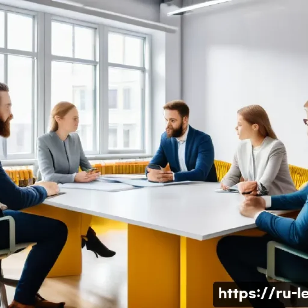 이직 시 리더십 역할 강화 - A professional office scene showing a diverse team of employees in a modern Russian company workspac...