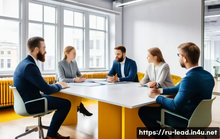 이직 시 리더십 역할 강화 - A professional office scene showing a diverse team of employees in a modern Russian company workspac...