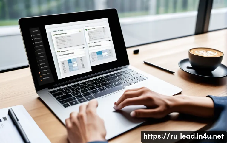 리더십 코치로서의 업무일지 작성법 - A modern workspace scene showing a professional leader-coach sitting at a sleek desk with a laptop a...