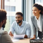 Home 20 리더십 코칭을 위한 전략 - A diverse professional team gathered around a modern conference table in a bright office, engaged in...