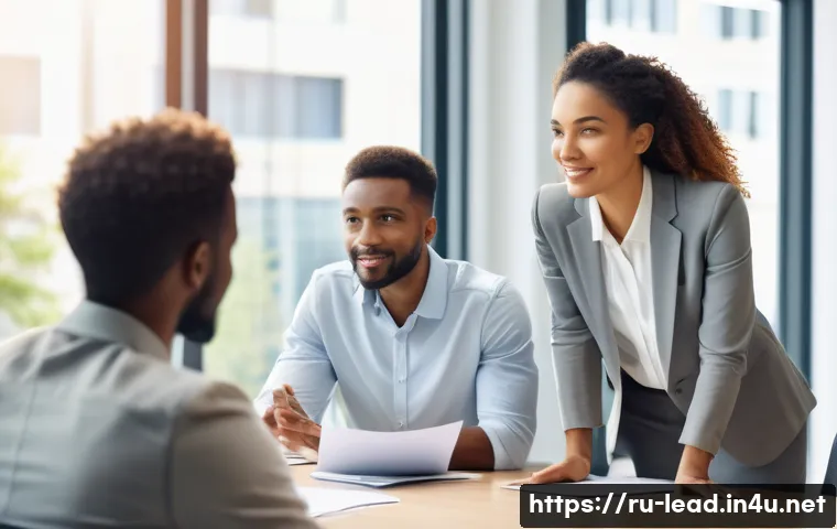 리더십 코칭을 위한 전략 - A diverse professional team gathered around a modern conference table in a bright office, engaged in...