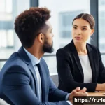 Home 19 리더십 코치의 필수 역량 - A professional business coach actively listening to a diverse group of clients in a modern office se...