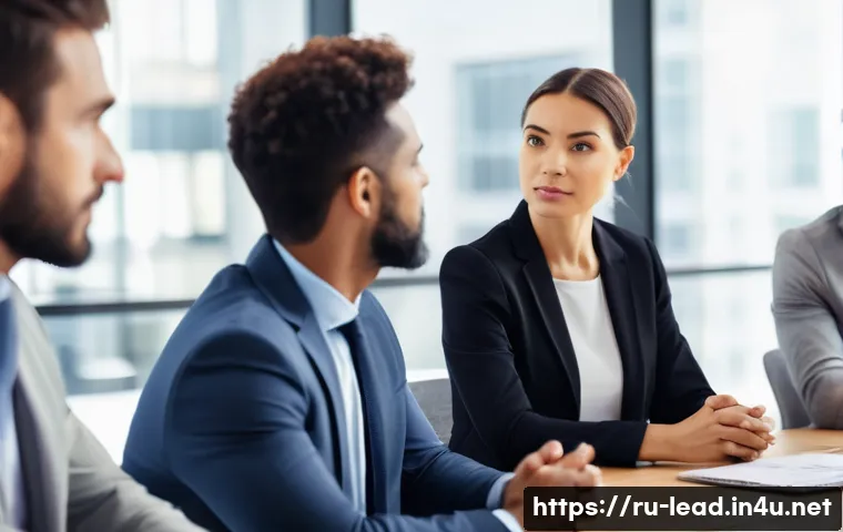 리더십 코치의 필수 역량 - A professional business coach actively listening to a diverse group of clients in a modern office se...