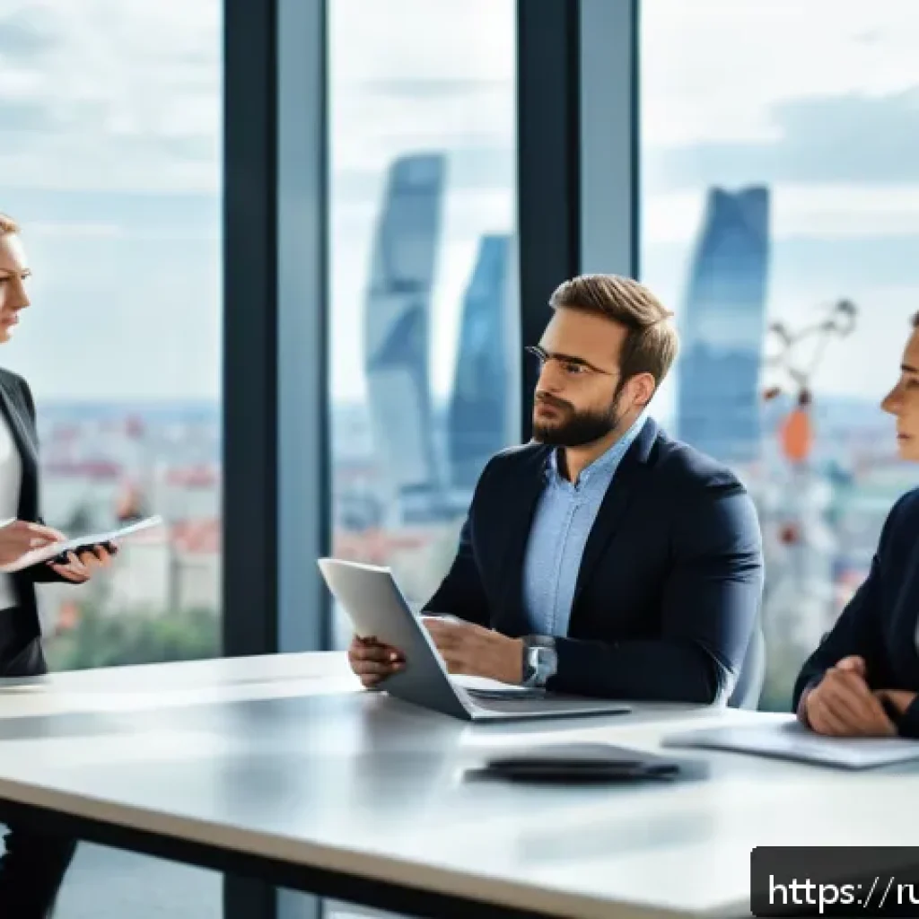 직장에서의 리더십 기술 - A diverse team of professional office workers engaged in a collaborative meeting in a modern Moscow ...