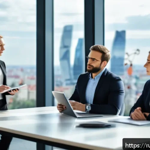 Home 30 직장에서의 리더십 기술 - A diverse team of professional office workers engaged in a collaborative meeting in a modern Moscow ...