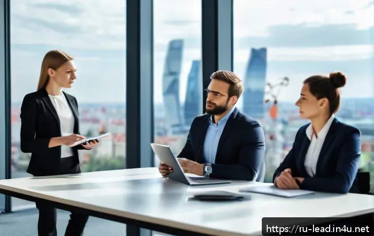 직장에서의 리더십 기술 - A diverse team of professional office workers engaged in a collaborative meeting in a modern Moscow ...