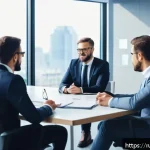 Home 23 리더십 개발을 위한 실전 사례 - A modern corporate office scene depicting a diverse group of business leaders engaged in an empathet...