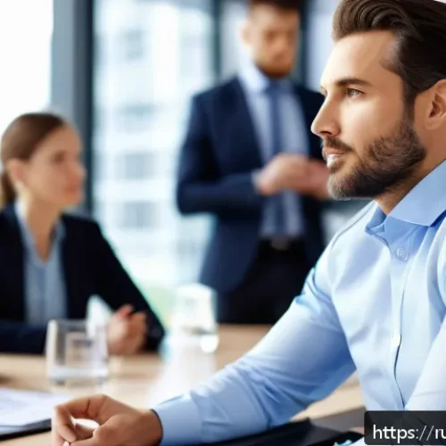 Home 30 리더십 코칭의 심화 이론 - A professional business leader in a modern office setting, attentively practicing active listening d...