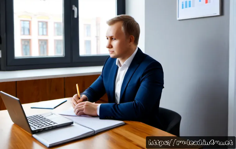 Home 17 업무일지 분석을 통한 리더십 향상 - Photorealistic Russian business leader in a modern Moscow-style office, seated at a clean wooden des...