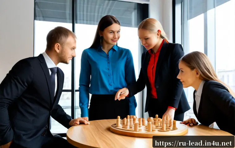 Home 17 리더십 코치의 이론과 실무의 균형 - Photorealistic leadership coach in a modern Moscow office, standing beside a round table with a dive...